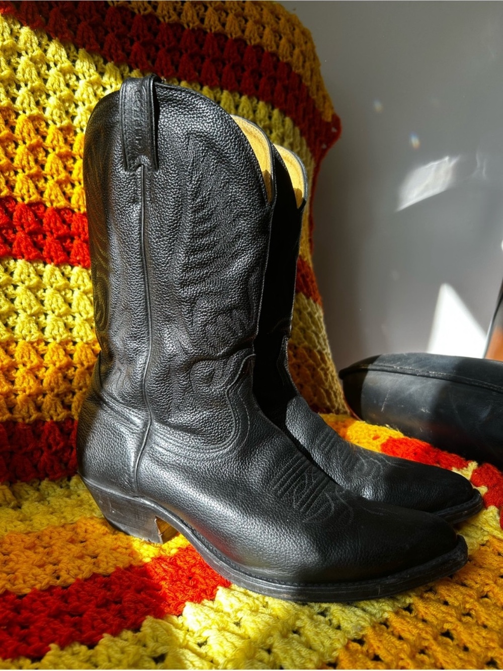 Men's Boulet Black Leather Western Cowboy Boots - Size 9